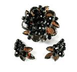 DeLizza and Elster Juliana Topaz Glass Stones Black Bead Brooch and Earrings