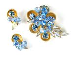 DeLizza and Elster Juliana Sapphire Blue Colored Rhinestone Bead Clusters Brooch and Earrings Demi Parure