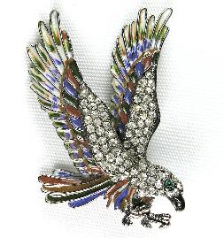 Multi-hued enamel and rhinestone eagle brooch